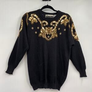 Vintage 80s Sequin Beaded Embellished Gold Sweater Crewneck Black Womens Medium